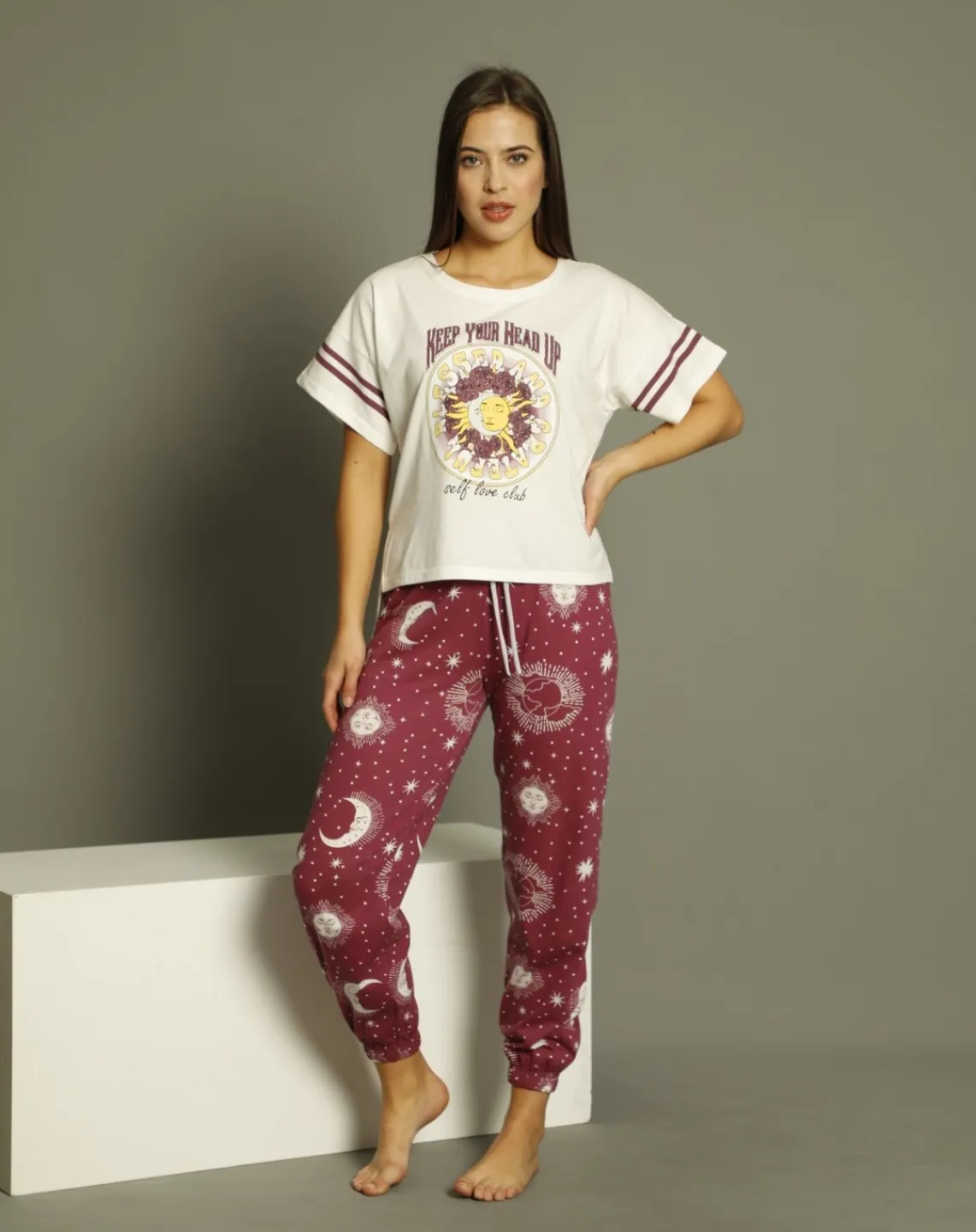 Pijama damă, cu mânecă scurtă  și pantaloni lungi din bumbac, imprimeu Blessed And Grateful - 2