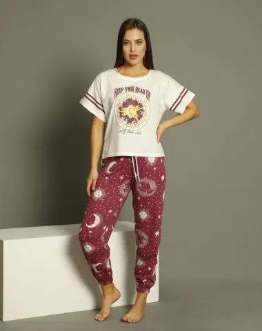 Pijama damă, cu mânecă scurtă  și pantaloni lungi din bumbac, imprimeu Blessed And Grateful hover