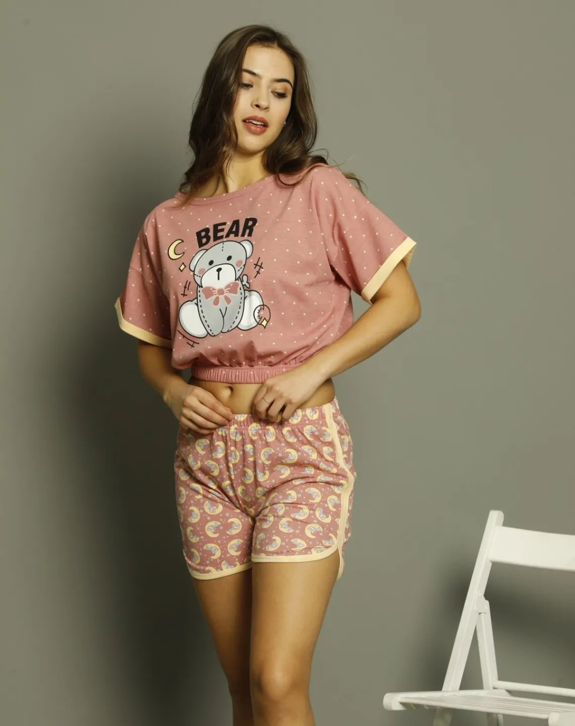 Pijama damă, cu mânecă scurtă  și pantaloni scurti din bumbac, imprimeu Bear - 2