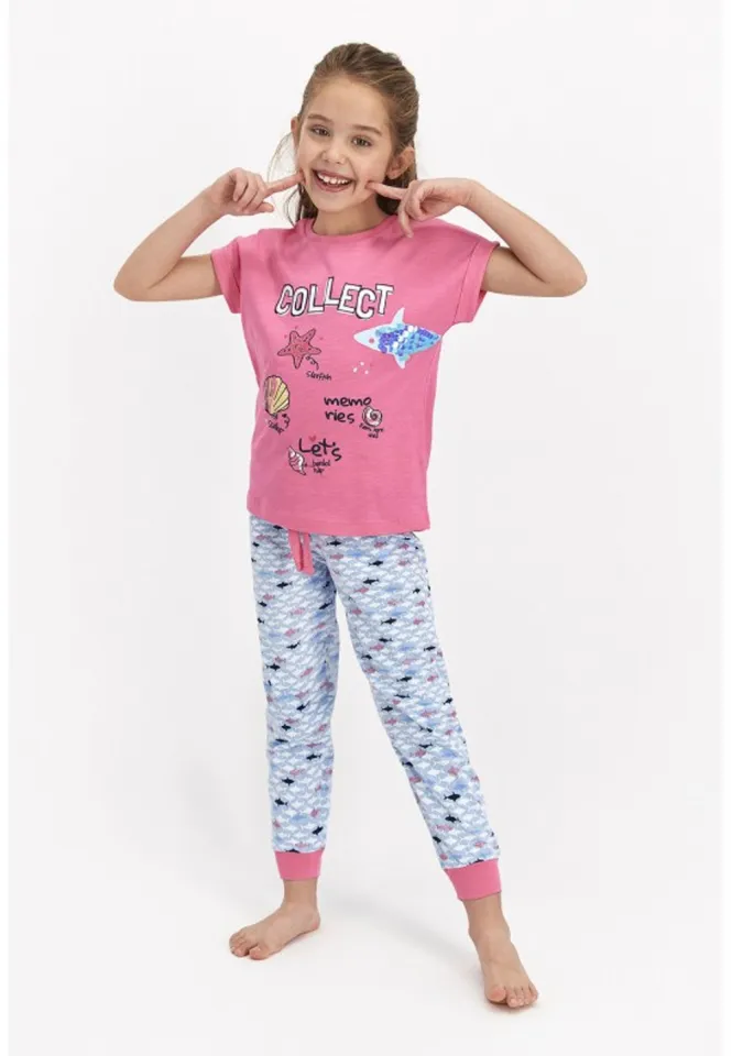 Pijama fetițe cu tricou și pantaloni lungi, imprimeu Collect, roz închis