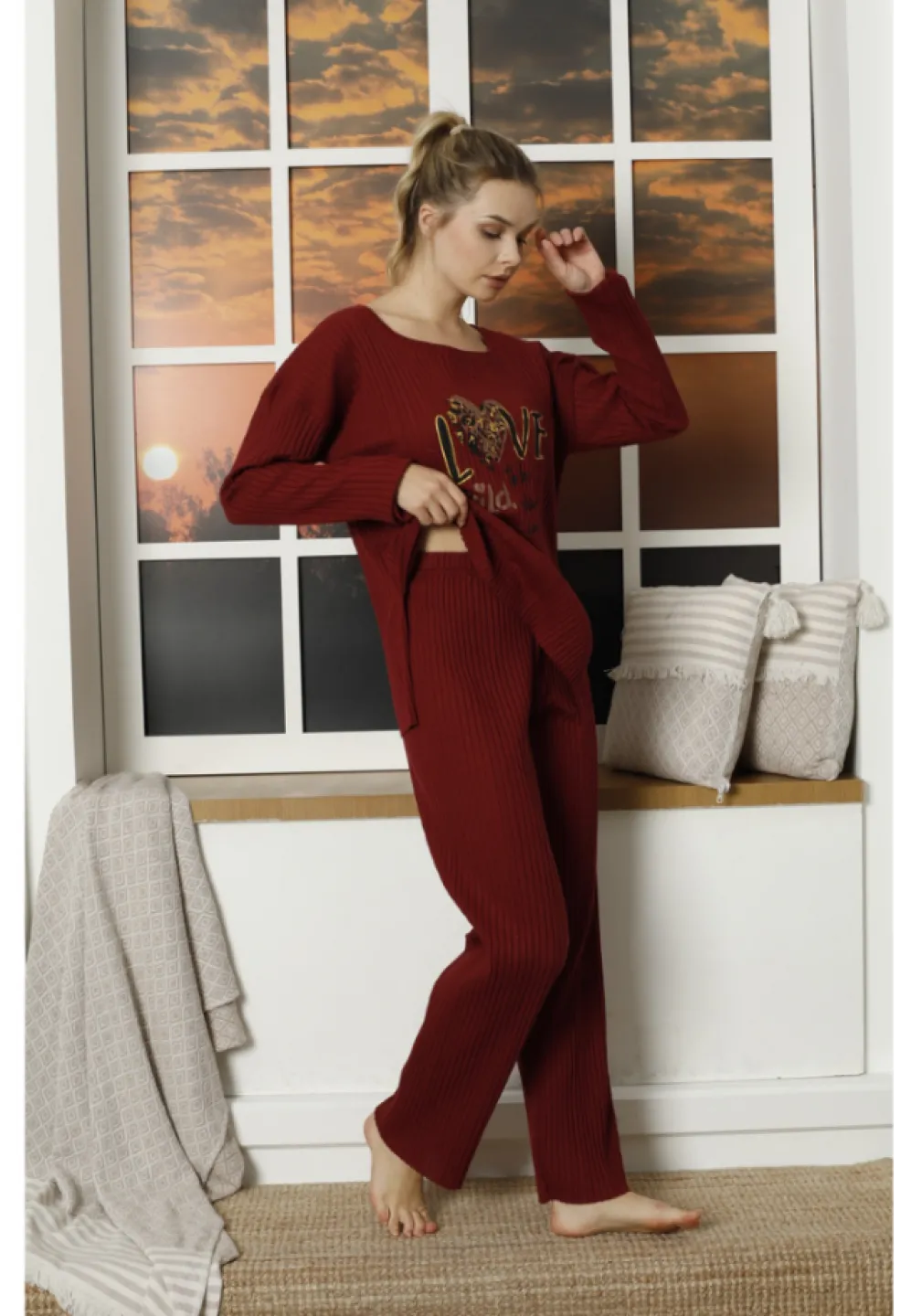 Pijama damă, mânecă lungă și pantaloni lungi cu imprimeu Love Wild, rosu - 2