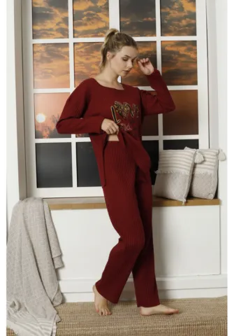 Pijama damă, mânecă lungă și pantaloni lungi cu imprimeu Love Wild, rosu hover