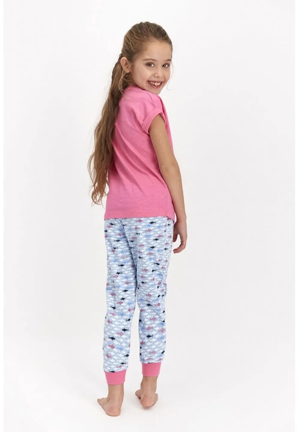 Pijama fetițe cu tricou și pantaloni lungi, imprimeu Collect, roz închis - 2