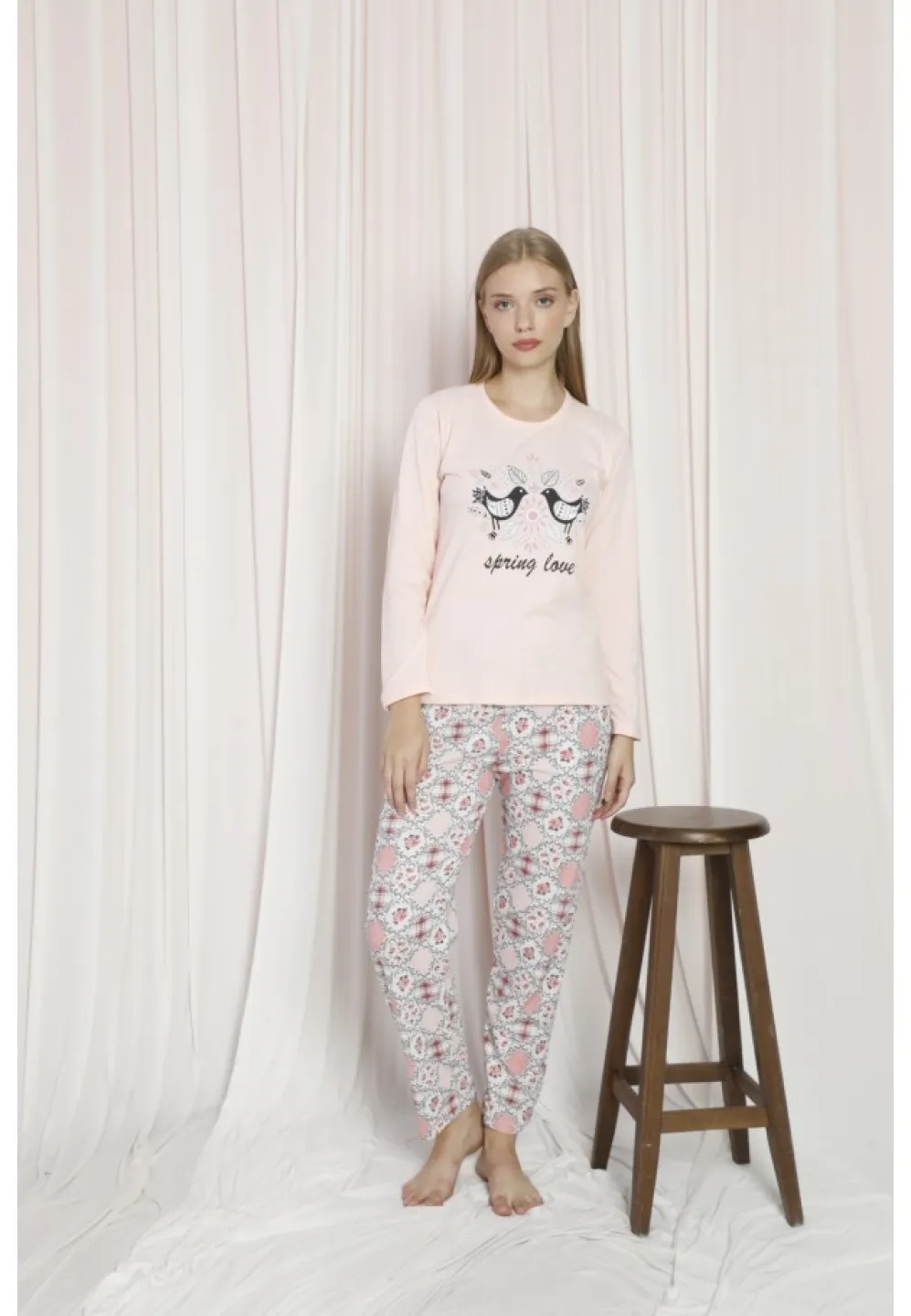 Pijama dama din bumbac cu imprimeu ,,Spring Love", maneca lunga si pantaloni lungi, roz - 1