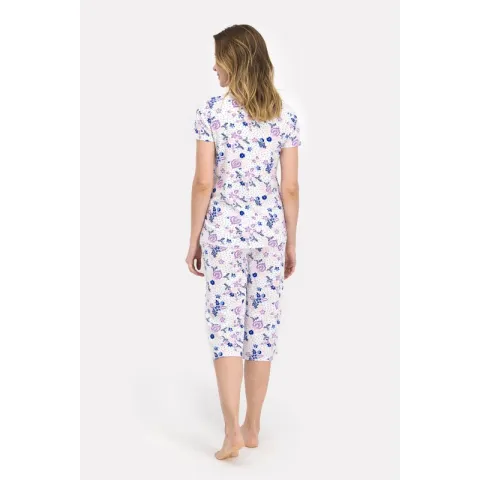 Pijama damă cu bluză cu mânecă scurtă și pantaloni 3/4, imprimeu floral, mov hover