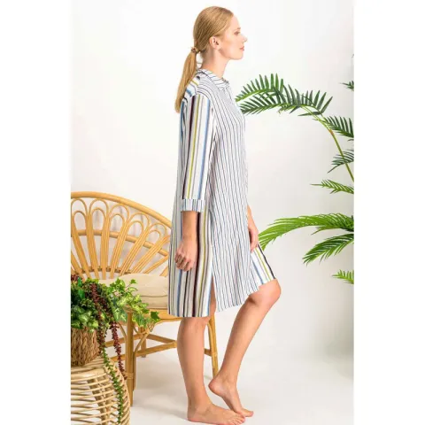 Rochie damă până la genunchi cu guler clasic și mânecă 3/4, model în dungi multicolore hover