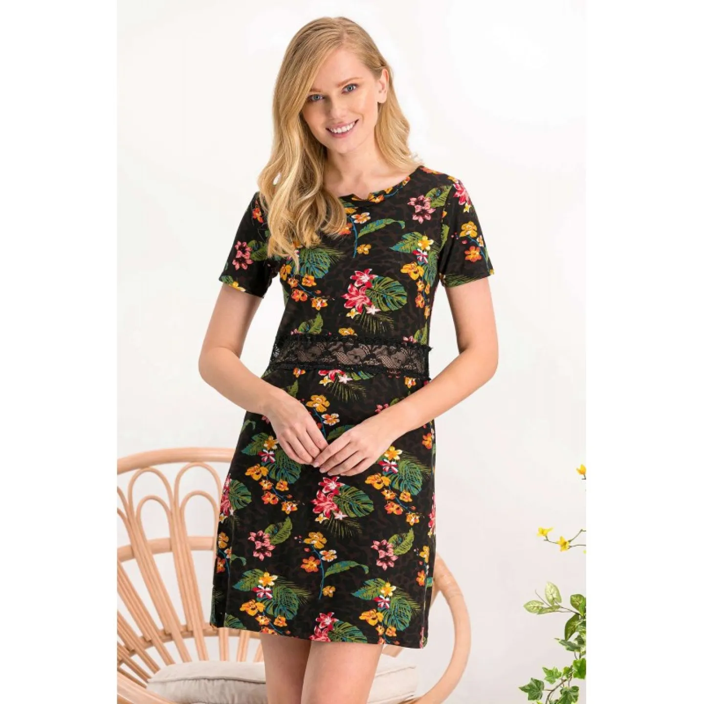 Rochie damă cu mânecă scurtă  și imprimeu floral, culoare negru - 1