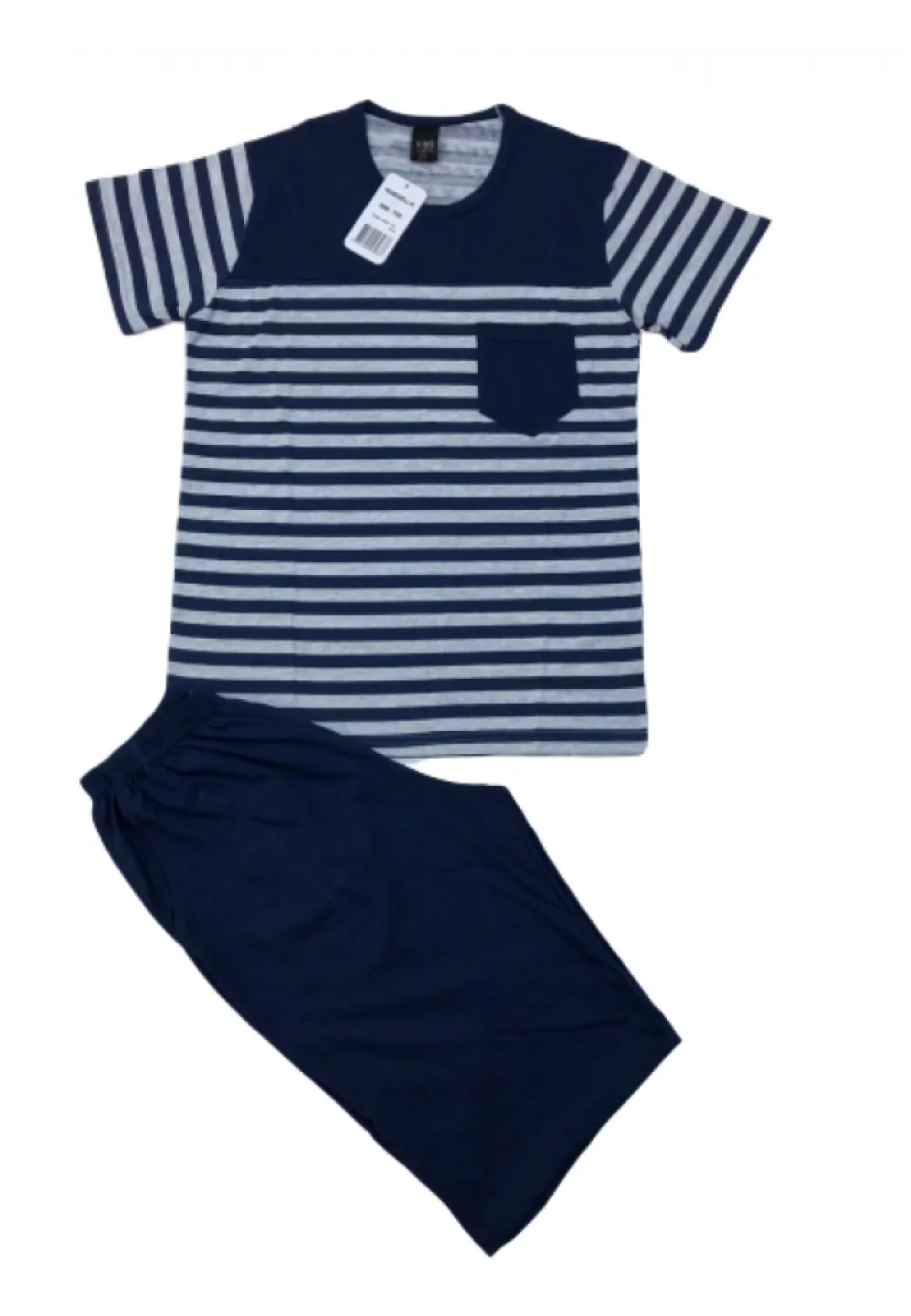 Pijamale bărbați, bluză cu mânecă scurtă și pantaloni scurti, imprimeu dungi, bleumarin - 1