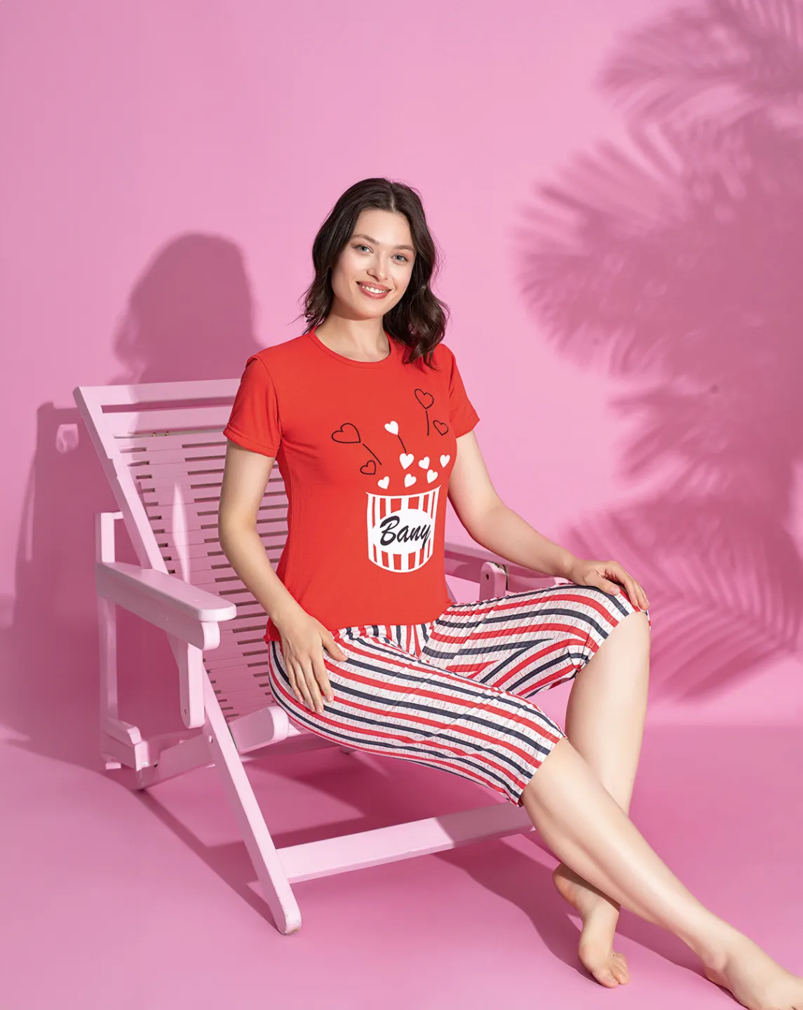 Pijama damă bumbac – tricou și pantaloni 3/4, imprimeu BANY rosu - 2