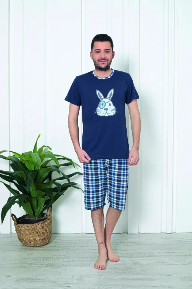 Pijama bărbat din bumbac, mânecă scurtă și pantaloni 3/4, imprimeu iepure pirat, bleumarin