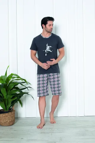 Pijama bărbat din bumbac, mânecă scurtă și pantaloni 3/4, imprimeu iepure, gri închis