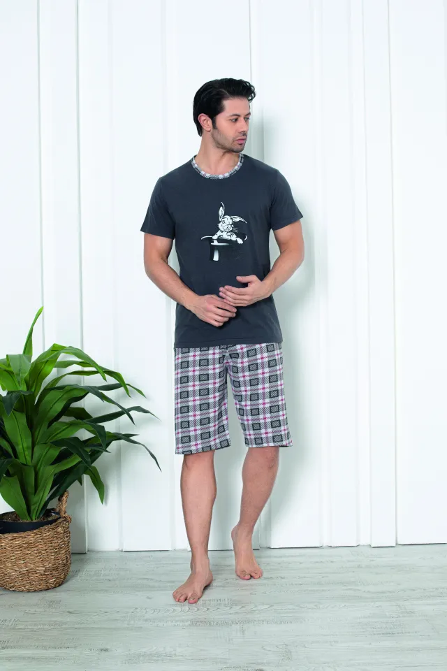 Pijama bărbat din bumbac, mânecă scurtă și pantaloni 3/4, imprimeu iepure, gri închis
