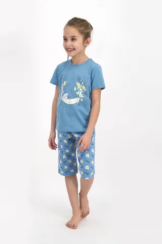 Pijama pentru copii cu tricou si pantaloni trei sferturi, imprimeu ursuleți, albastru hover