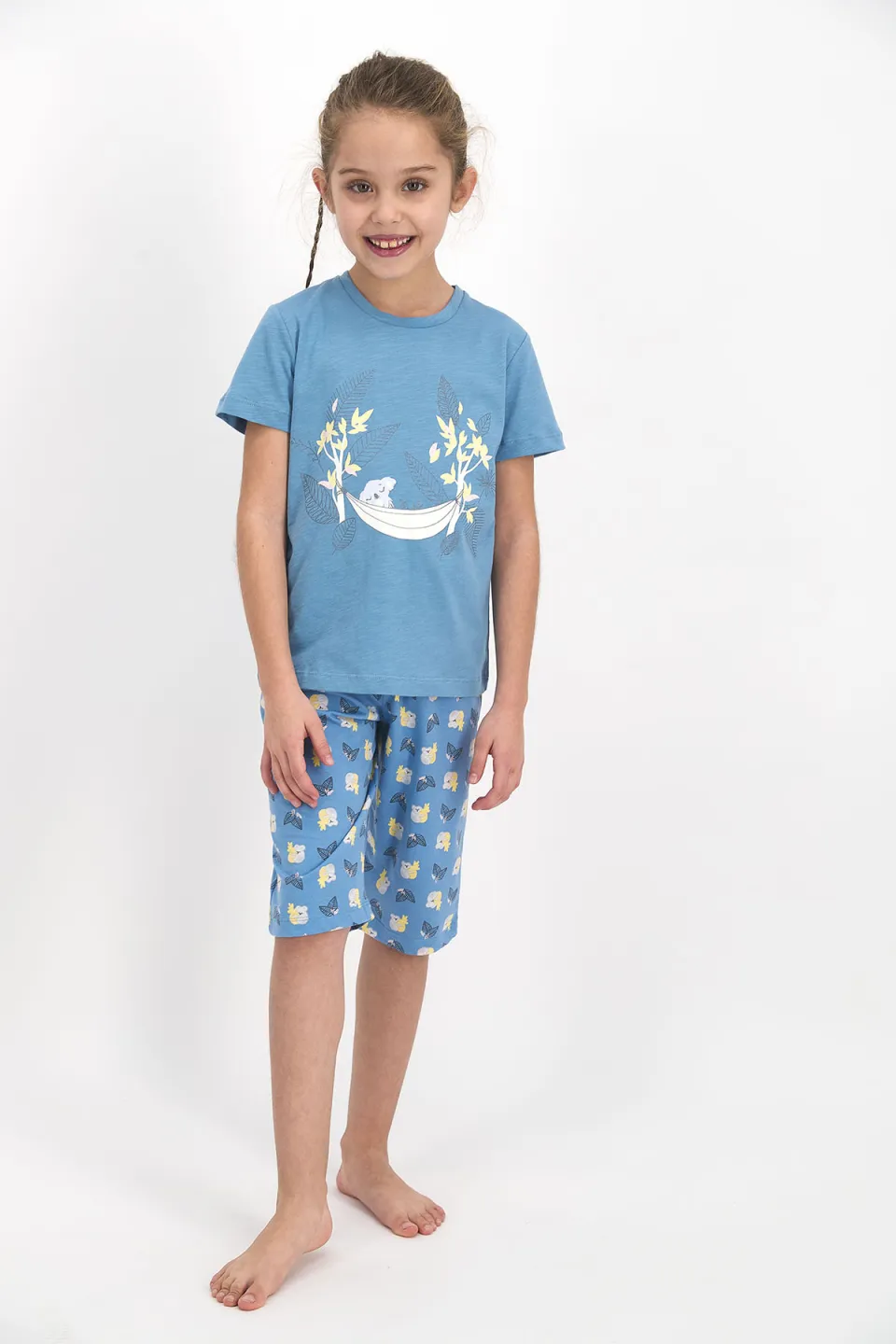 Pijama pentru copii cu tricou si pantaloni trei sferturi, imprimeu ursuleți, albastru - 1