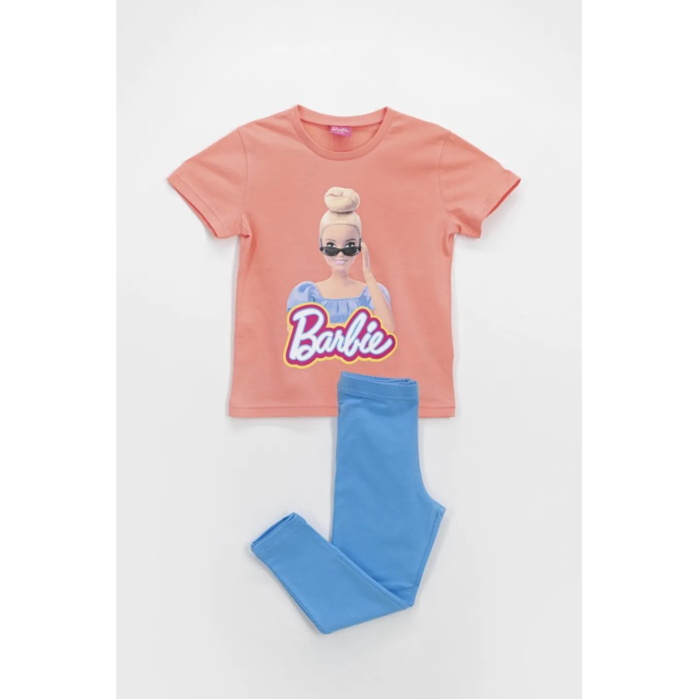 Pijama pentru fetițe Barbie, tricou și colanți culoare corai - 1