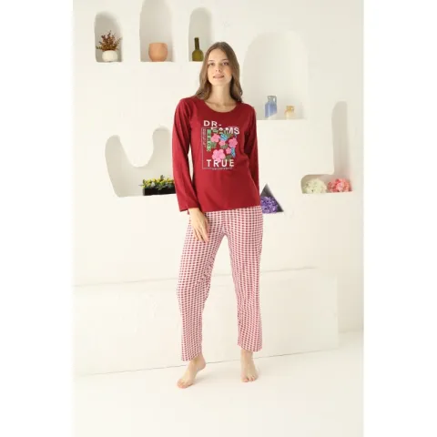 Pijama damă, mânecă lungă și pantaloni lungi, imprimeu Dreams Come True, rosu