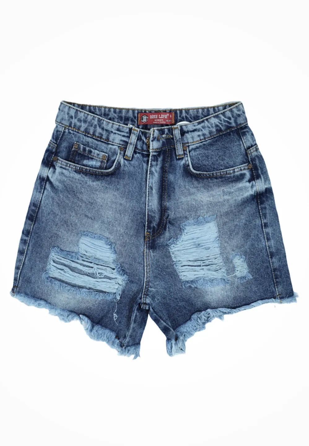 Blugi scurti damă albastri cu talie înaltă – franjuri, croială lejeră - 1