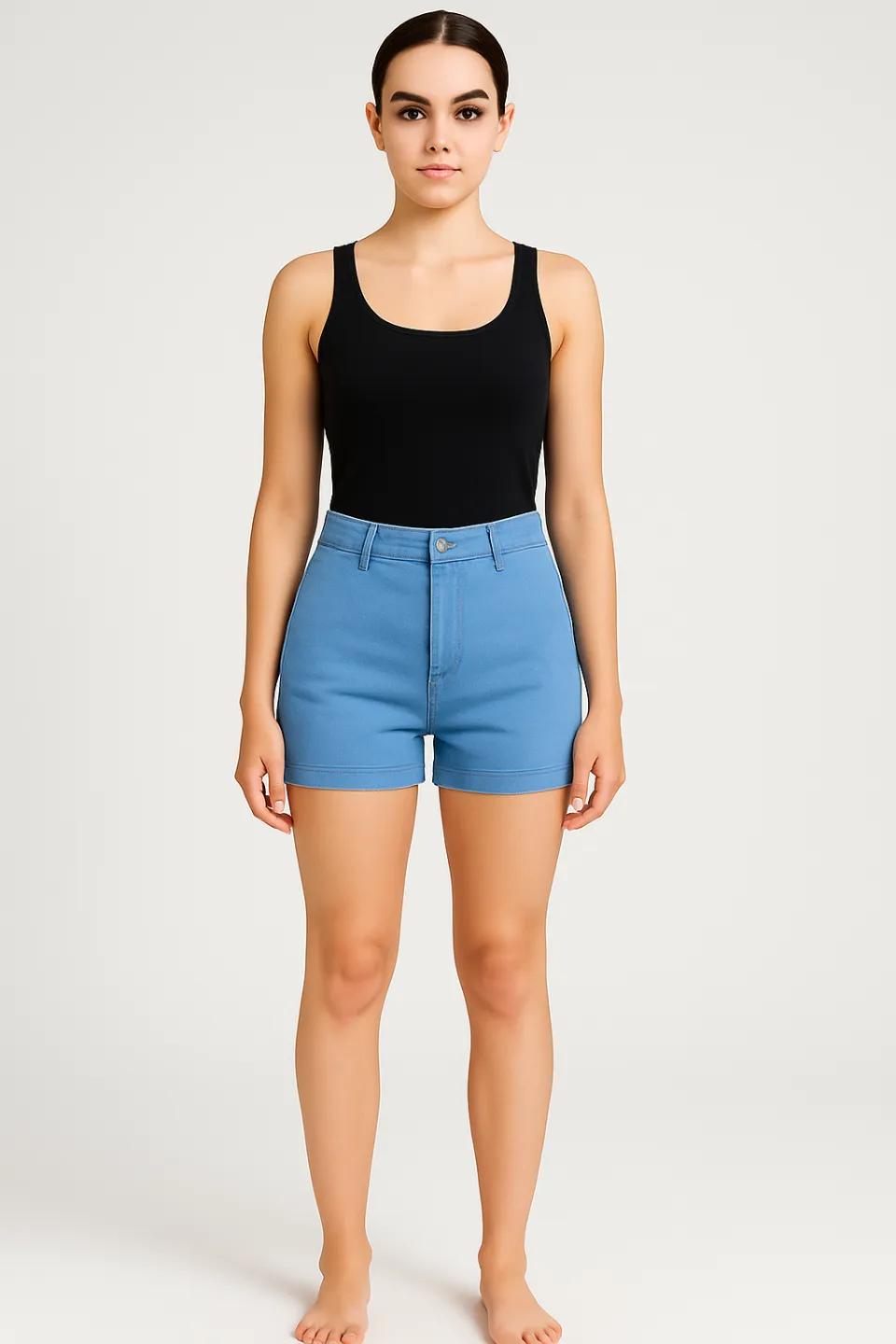 Blugi scurți damă de vară – elastici, mulați, cu buzunare la spate-albastru deschis - 1
