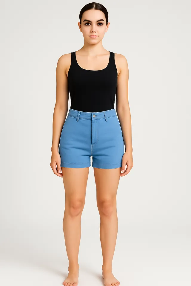 Blugi scurți damă de vară – elastici, mulați, cu buzunare la spate-albastru deschis