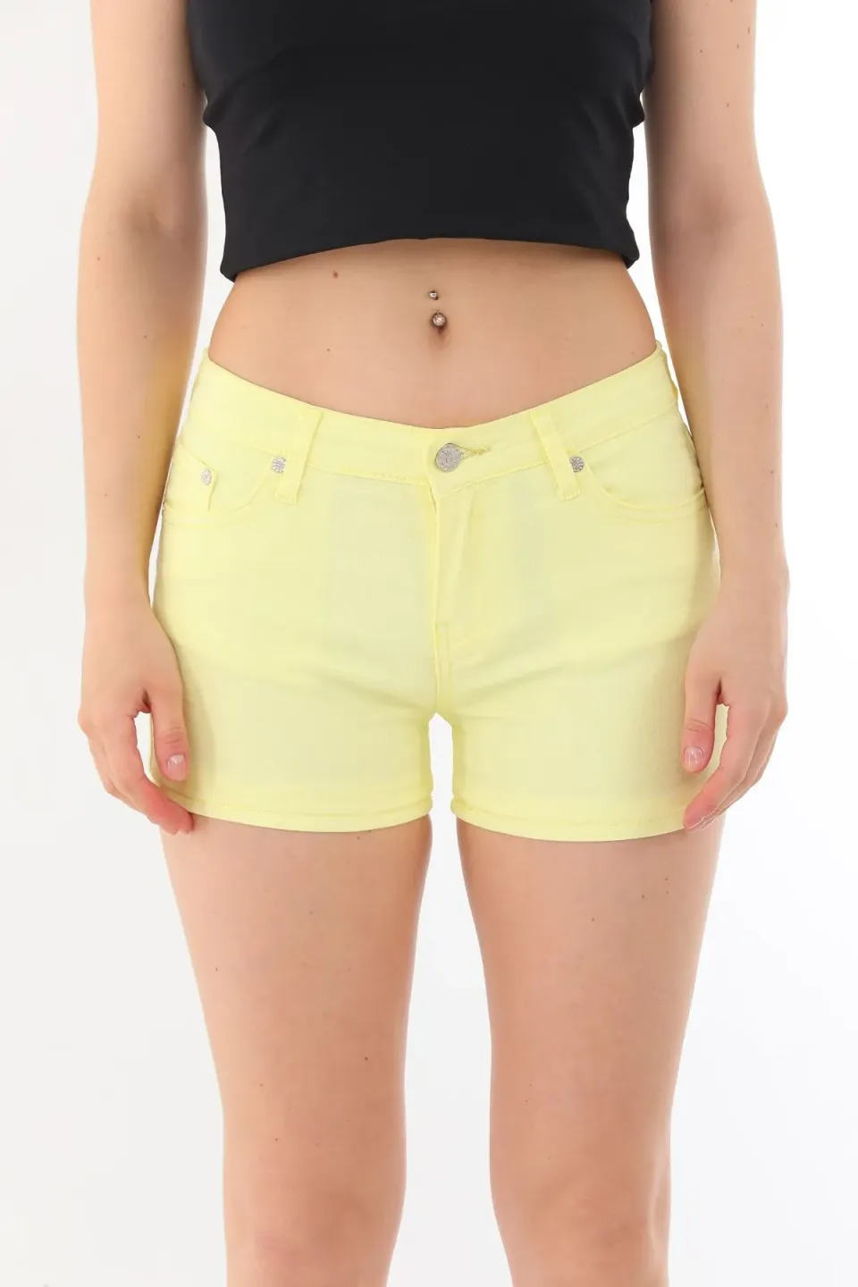 Blugi scurți damă de vară – elastici, mulați, cu buzunare la spate-galben - 1
