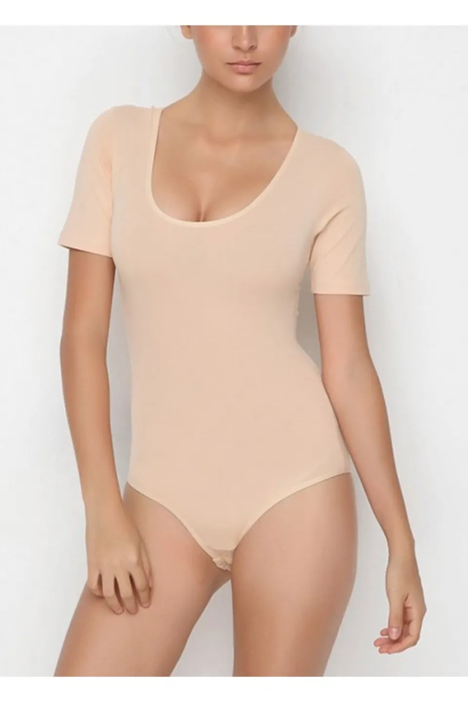 Body dama tip tricou modelator, material elastic si respirabil, bej - 1