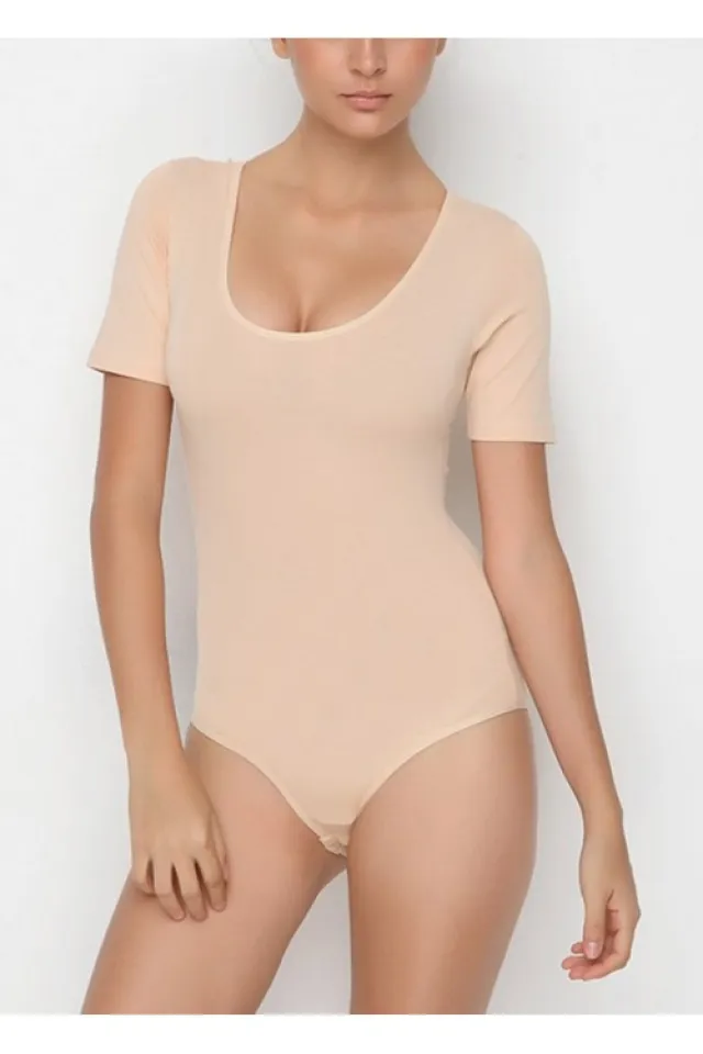 Body dama tip tricou modelator, material elastic si respirabil, bej