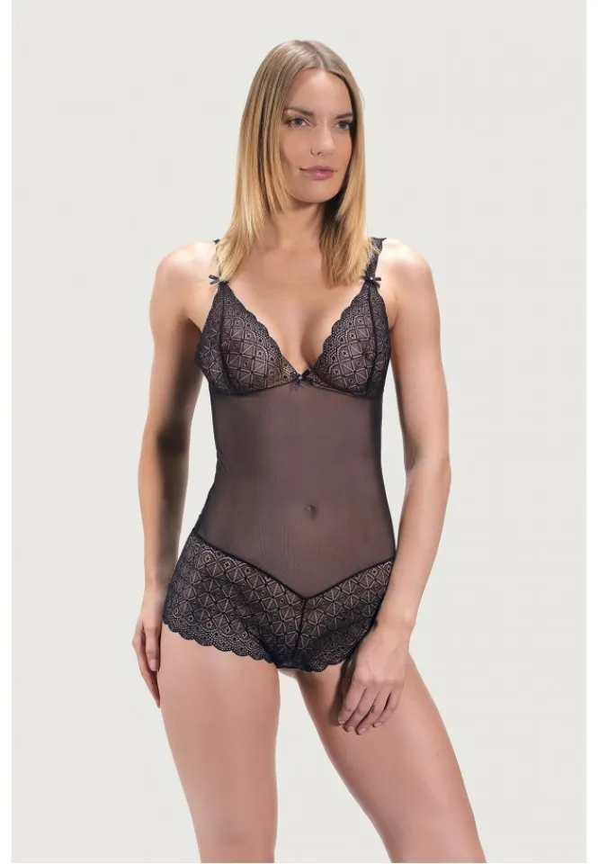 Body de damă transparent din dantelă brodată, culoare negru