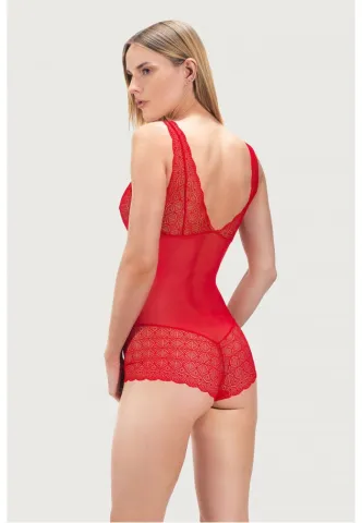 Body de damă transparent din dantelă brodată, culoare rosu hover