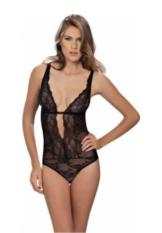 Body din dantelă neagră cu decolteu adânc și decupaj frontal
