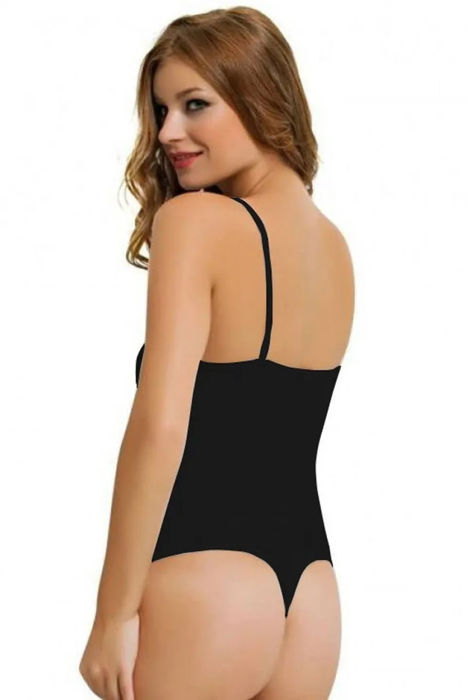 Body dama cu bretele subtiri, material bumbac, negru - 2
