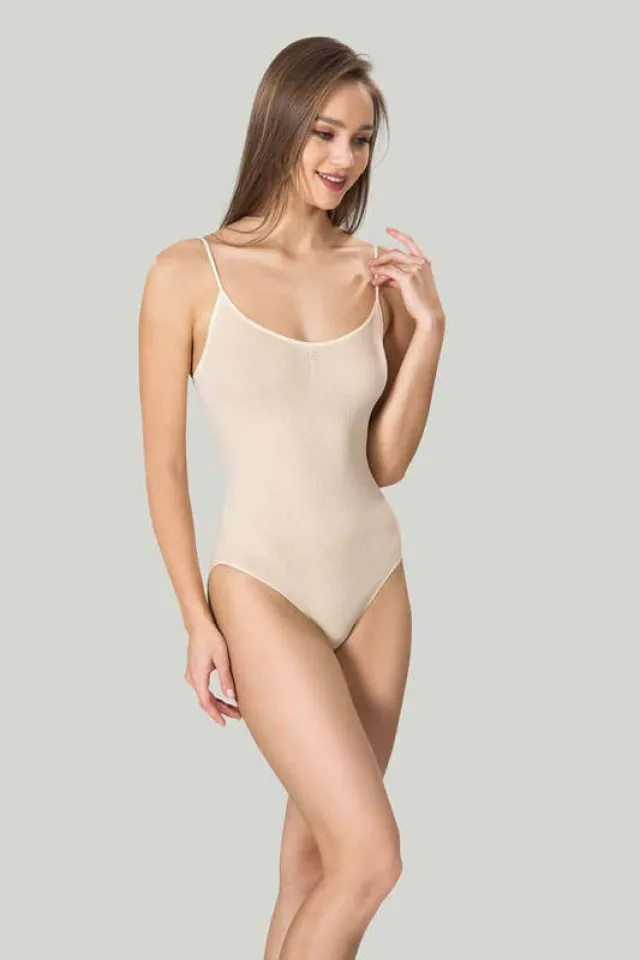 Body modelator dama cu bretele subtiri, material elastic si respirabil de culoare bej