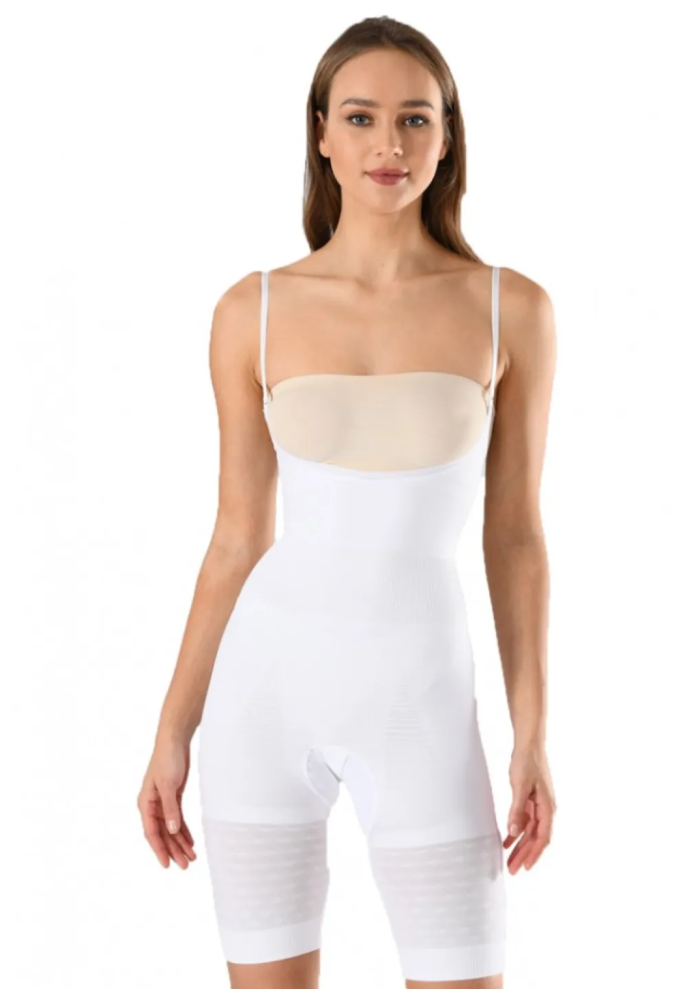 Body modelator dama cu pantalon 3/4, decolteu adanc si rotund sub bust, culoare alb - 2