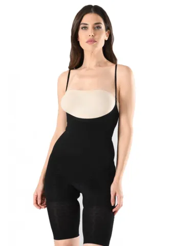 Body modelator dama cu pantalon 3/4, decolteu adanc si rotund sub bust, culoare negru hover