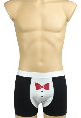 Boxeri bărbătești negri cu imprimeu costum și papion roșu