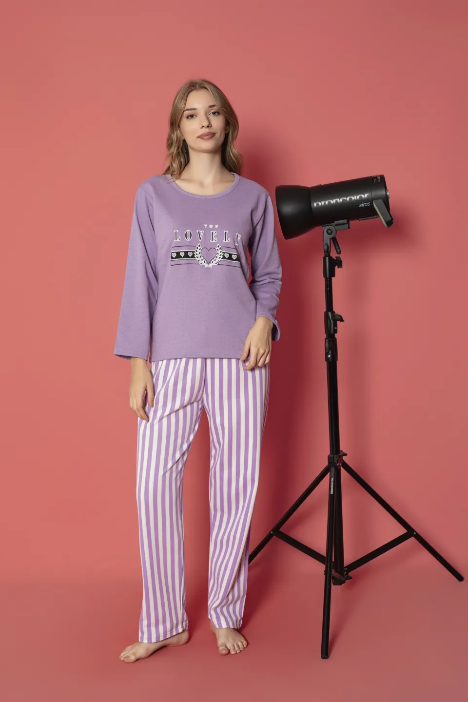 Pijama damă vătuită cu mânecă lungă și pantaloni lungi din bumbac, imprimeu Lovely - 1