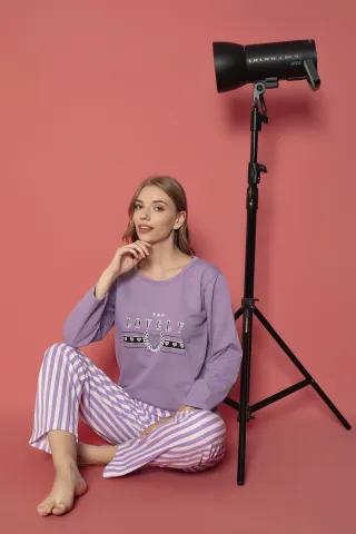 Pijama damă vătuită cu mânecă lungă și pantaloni lungi din bumbac, imprimeu Lovely hover