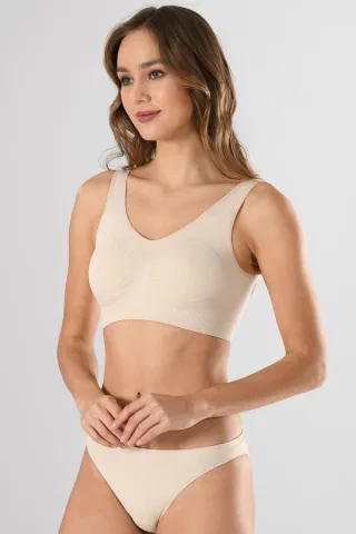 Bustiera dama elastica cu bretele groase, material lejer si elastic, culoare bej