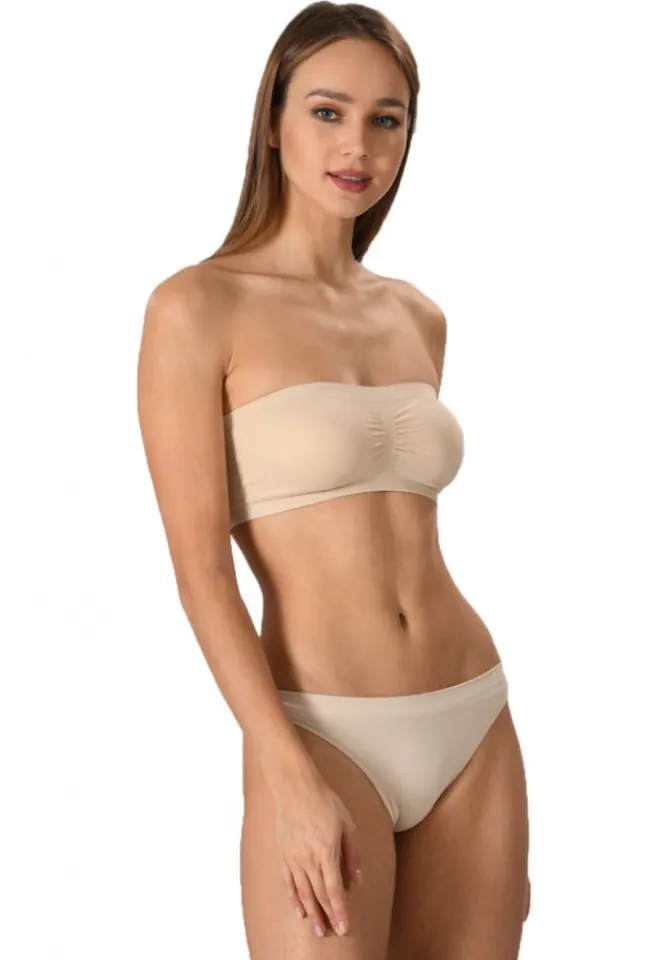 Bustiera dama elastica fara bretele, cu pad-uri, material lejer si elastic, culoare bej