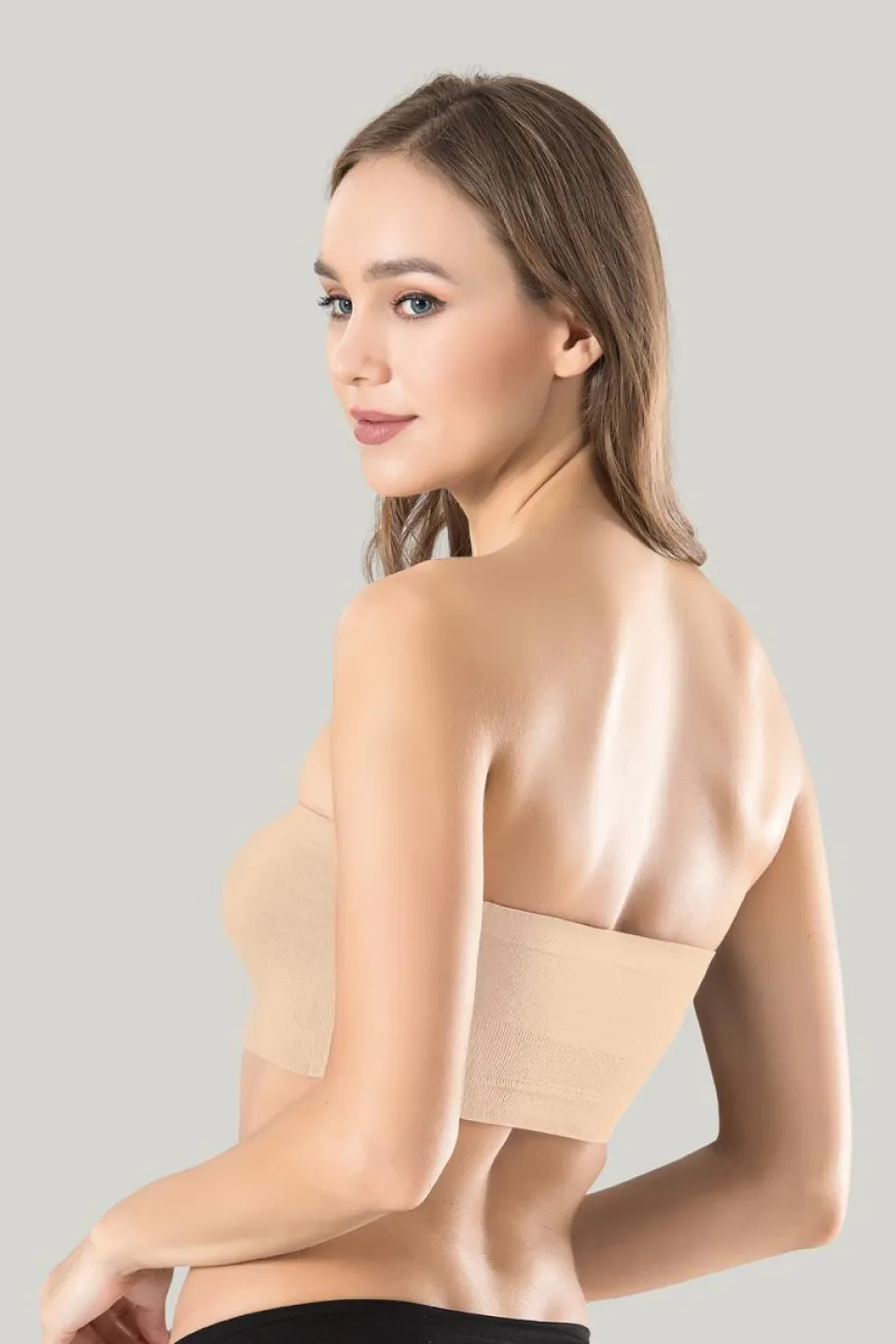 Bustiera dama elastica fara bretele, material lejer si elastic, culoare bej - 1