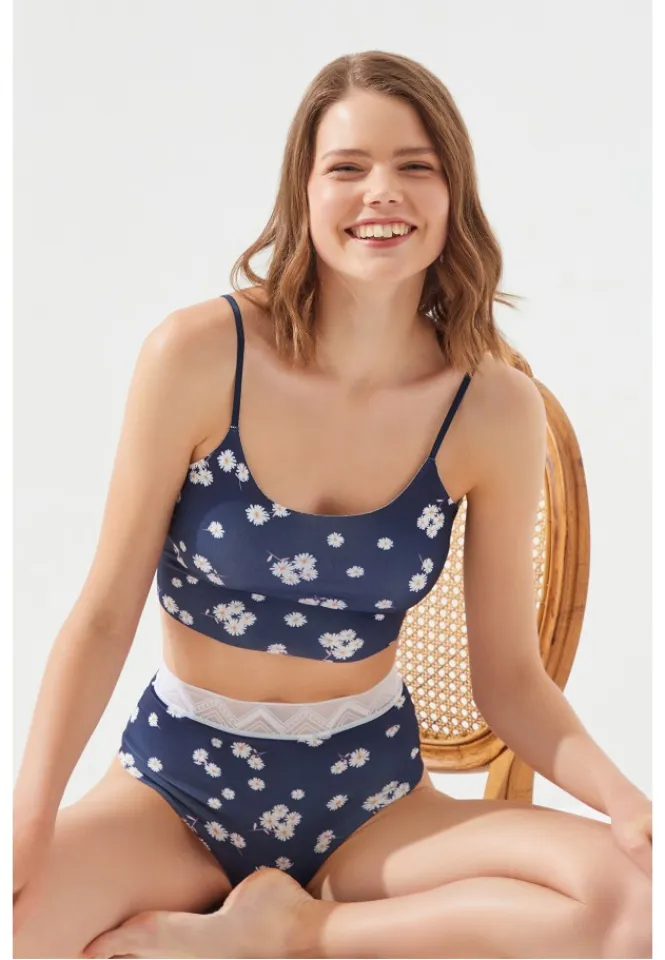 Bustieră pentru femei reglabilă, bretea subțire tăiată cu laser, imprimeu floricele, Bleumarin