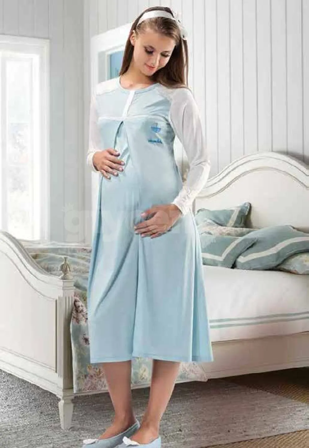 Cămașă de alăptat cu deschidere laterală, culoare albastru - 1