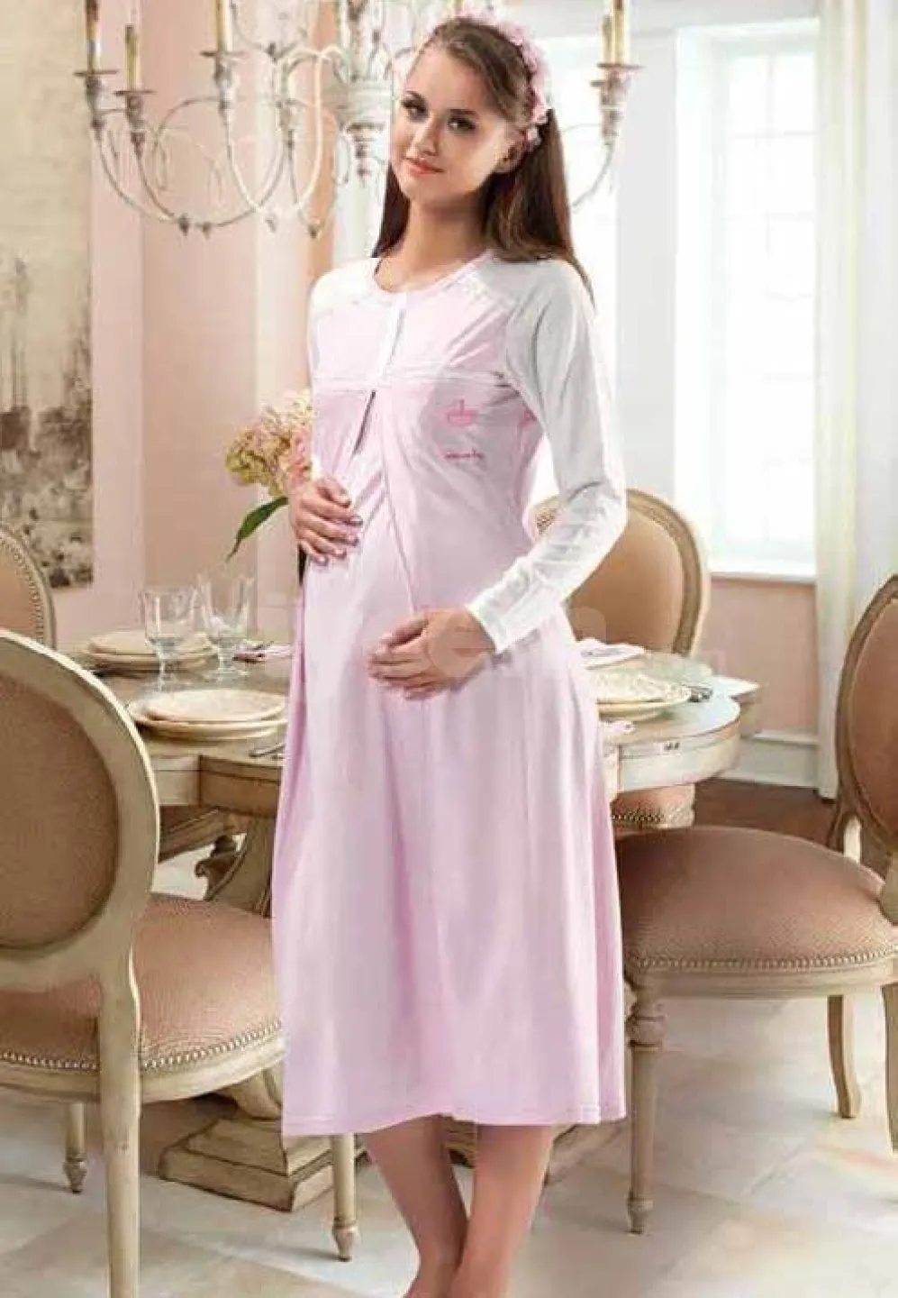 Cămașă de alăptat cu deschidere laterală, culoare roz - 1