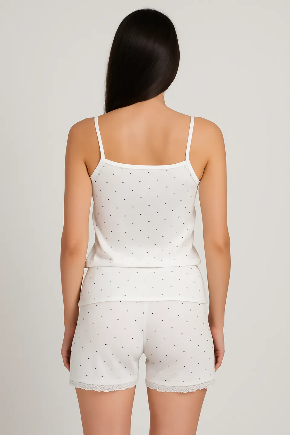 Pijama damă maiou și short – bretele subțiri, dantelă delicată, croială lejeră, imprimeu cu puncte negre - 2