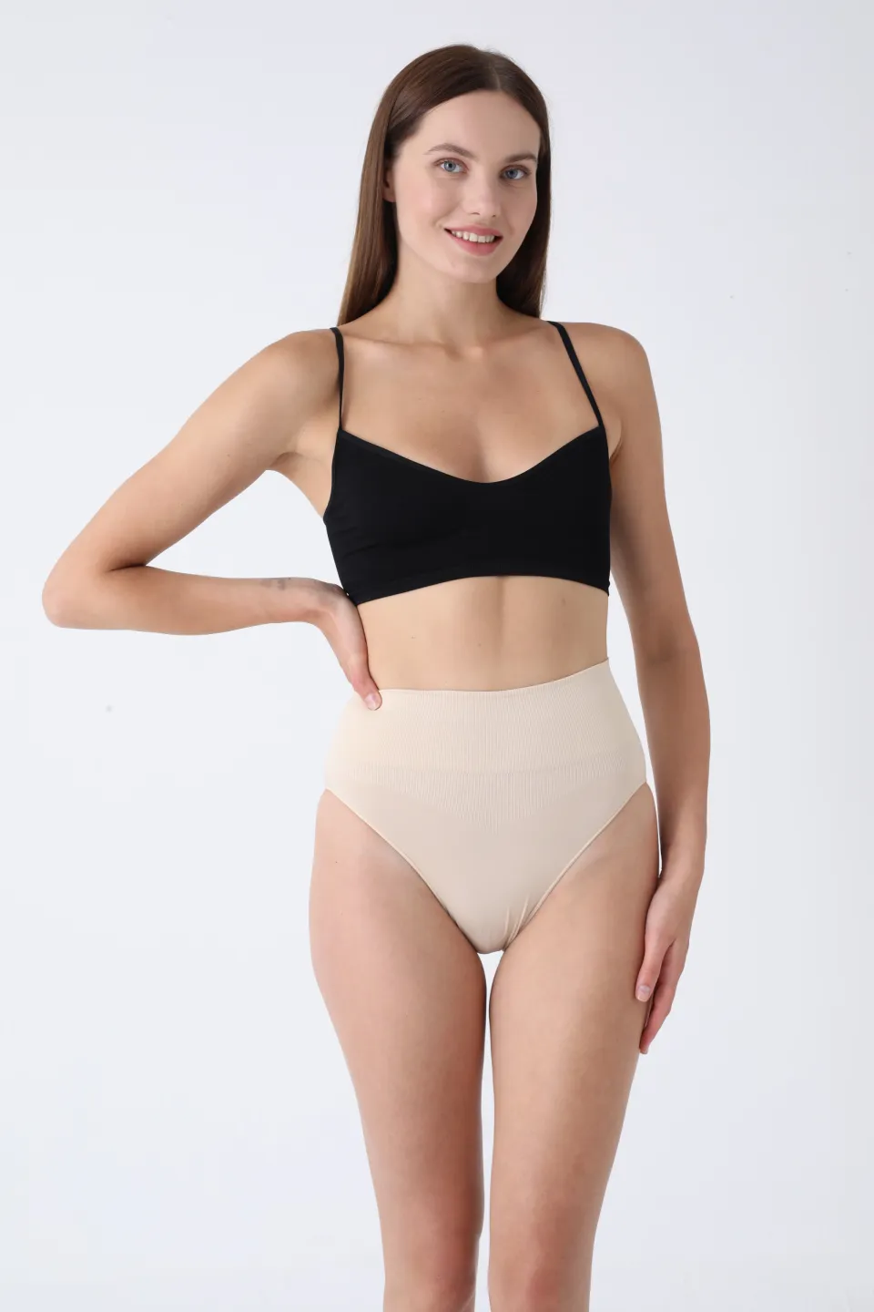 Chilot modelator damă cu talie înaltă – bej, push-up și bandă anti-alunecare - 4