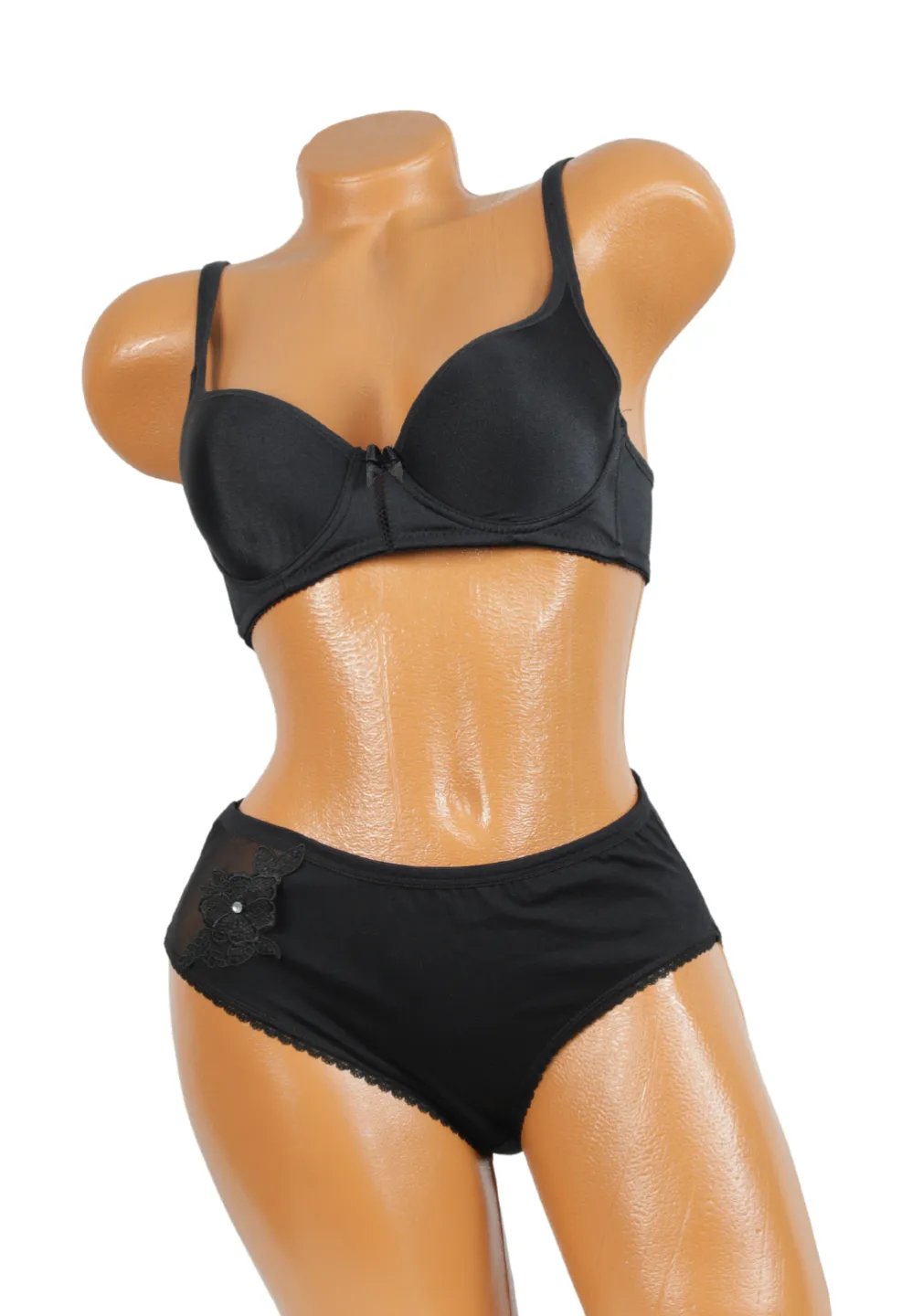 Chiloți damă clasici negri cu fundiță laterală și inserții din dantelă - 1