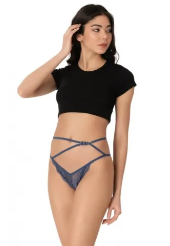 Chiloti dama Cottonhill, model sexy, tanga cu barete, accesorizati, albastru