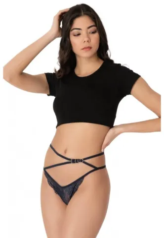 Chiloti dama Cottonhill, model sexy, tanga cu barete, accesorizati, bleumarin