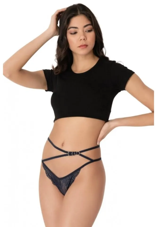 Chiloti dama Cottonhill, model sexy, tanga cu barete, accesorizati, bleumarin