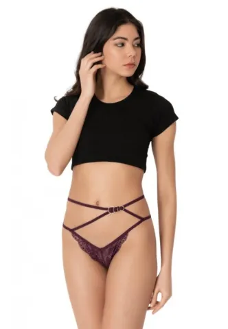 Chiloti dama Cottonhill, model sexy, tanga cu barete, accesorizati, mov inchis