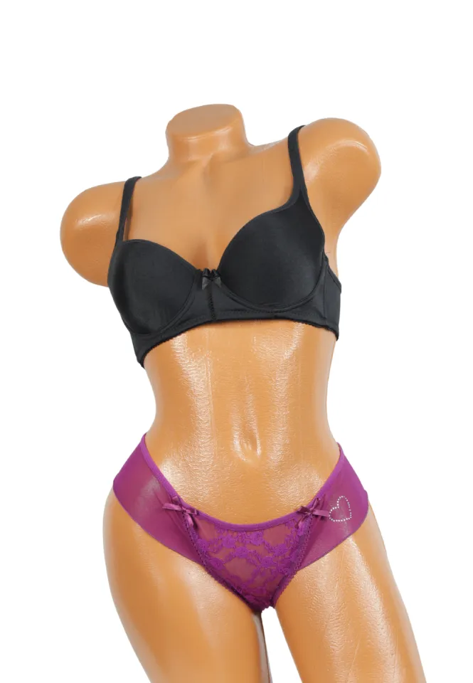 Chiloți damă tanga mov cu dantelă, fundițe și imprimeu inimioară cu pietricele